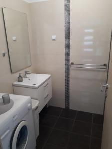 bagno con doccia, lavandino e specchio di Apartman ANA a Primošten