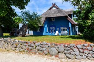 a blue house with a thatched roof and a stone wall at Muschel 4 in Ahrenshoop