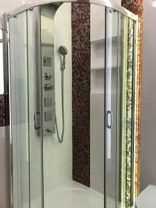 a shower with a glass door in a bathroom at Apartament Hania - Krynica Morska in Krynica Morska