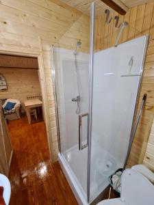 a bathroom with a shower and a toilet at Siedlisko nr 4A nad jeziorem Skarlińskim, jezioro, mazury, domki letniskowe in Kurzętnik