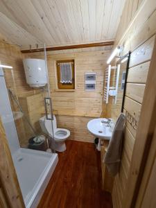 ein Holzbadezimmer mit einem WC und einem Waschbecken in der Unterkunft Siedlisko nr 4A nad jeziorem Skarlińskim, jezioro, mazury, domki letniskowe in Kurzętnik