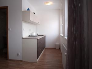 a small kitchen with white cabinets and a wooden floor at Penzion Malina in Hronská Dúbrava +16 photos