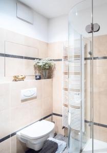 een badkamer met een toilet en een glazen douche bij Silvie Apartments - Hejčín in Olomouc