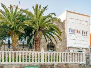 dos palmeras delante de una valla blanca en Apartamento con vistas al mar en Fisterra en Fisterra