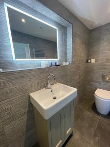 a bathroom with a sink and a toilet and a mirror at The Tavern at Hale in Milnthorpe