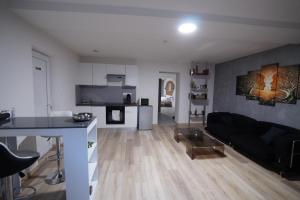 uma sala de estar com um sofá preto e uma cozinha em Appart' spa privatif Gray em Gray