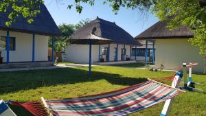 a hammock in a yard in front of two buildings at Stuffino Crisan in Crisan
