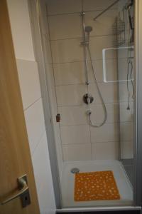 eine Dusche mit einer Glastür mit einem orangenen Teppich in der Unterkunft Ferienwohnung Leon in Kappel-Grafenhausen