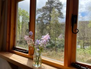 un jarrón de flores sentado en un alféizar de la ventana en Cosy woodland off grid Shepherds Hut - Hazel en Castle Douglas