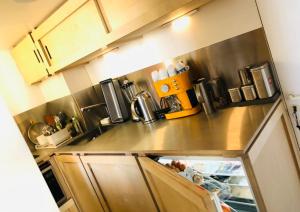 a kitchen with a stainless steel counter top at duplex top central Marais in Paris