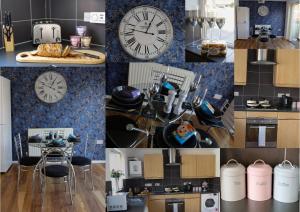 a collage of photos of a kitchen with a clock at Foster house in Gateshead