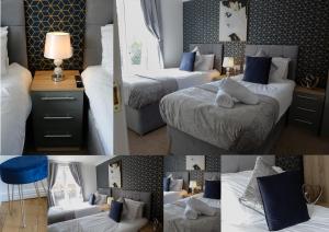 een collage van vier foto's van een slaapkamer met twee bedden bij Foster house in Gateshead