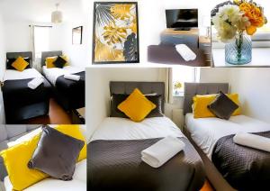 een collage van vier foto's van een kamer met bedden bij Foster house in Gateshead
