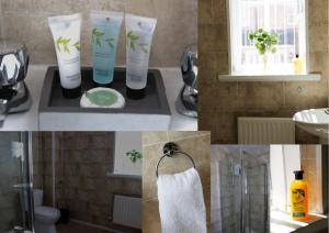 a collage of photos of a bathroom with a sink and toiletries at Foster house in Gateshead
