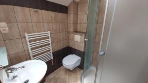 La salle de bains est pourvue de toilettes, d'un lavabo et d'une douche. dans l'établissement Pokoje Gościnne Agata, à Grzybowo