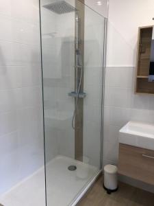 um chuveiro com uma porta de vidro ao lado de um lavatório em A LA BELLE ETOILE em Montbrison