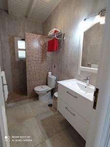 a bathroom with a sink and a toilet and a mirror at Casitas La Condesa in Valle Gran Rey +36 photos
