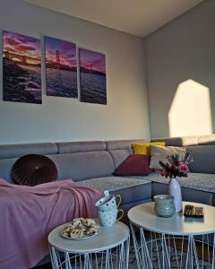 新瓦羅許的住宿－Apartman Jela，客厅配有沙发和2张桌子