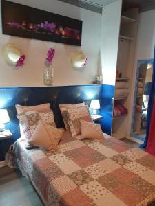 een slaapkamer met een groot bed met kussens bij Couleurs des îles in Le Tampon