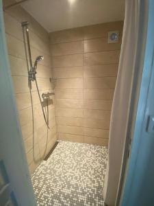 a shower stall in a bathroom with a tiled floor at Chata Stanislav in Doksy