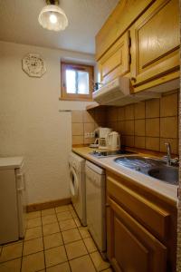 a kitchen with a sink and a washing machine at Residence La TROIKA 2 in Notre-Dame-de-Bellecombe