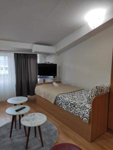 een hotelkamer met een bed en twee tafels bij Apartment Stefan in Ohrid