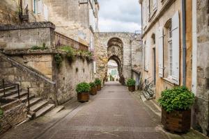 an alley in an old building with potted plants at Bourg superbe appart avec vue magnifique in Bourg-sur-Gironde