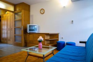 uma sala de estar com um sofá, uma mesa e uma televisão em Comfortable apartment in Terme Banovci Spa em Veržej