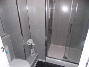 a bathroom with a shower and a toilet at Easton Court Guest House in Paignton
