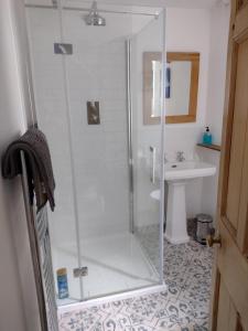 a bathroom with a shower and a sink at Millpool House in Dartmouth