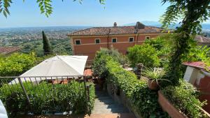 dom z ogrodem i białym parasolem w obiekcie Residenza Buggiano Antica B&B - Charme Apartment in Tuscany w mieście Borgo a Buggiano
