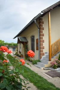 una pequeña casa con flores naranjas delante de ella en Golden BIS, Subotica en Subotica