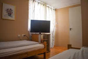 a bedroom with a tv and a bed and a window at Golden BIS, Subotica in Subotica