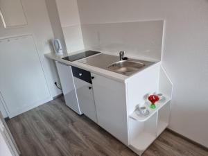 a small kitchen with a sink and a counter at Pension Fürstenzell in Fürstenzell