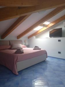 sypialnia z łóżkiem z różową pościelą i telewizorem z płaskim ekranem w obiekcie NEL BLU w mieście Cetara