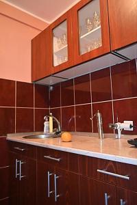 a kitchen with wooden cabinets and a sink at Apartman M Bubanj in Kragujevac