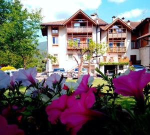 eine Gruppe von Blumen vor einem Gebäude in der Unterkunft B&B da Sabry e Gian in Comano Terme