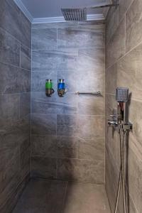 y baño con ducha de azulejos grises. en Althea Apartments 2, en Halki