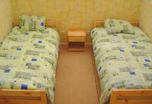 two twin beds in a small room at Viesu nams Vizbulītes in Talsi