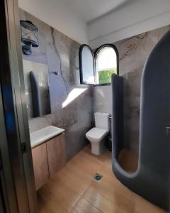 a bathroom with a toilet and a sink and a mirror at Nerajoula House in Parga
