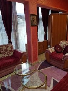 ein Wohnzimmer mit einem Glastisch und einem Sofa in der Unterkunft Apartman Lazić No-2 in Gračanica