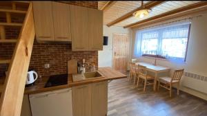 a kitchen with a sink and a table in a room at Apartamenty Pod Skałą in Hoczew