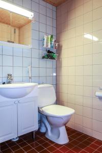 een badkamer met een wit toilet en een wastafel bij Syöte Luppomaja in Syöte
