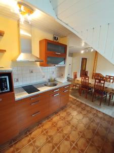 kuchnia ze zlewem i stołem z krzesłami w obiekcie EMMA Apartman Harkány w mieście Harkány