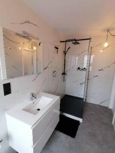 een witte badkamer met een wastafel en een douche bij Barotel - Bed & Dinner in Floreffe