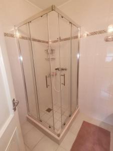 ハイドゥソボスローにあるMarika Apartmanのバスルーム(ガラス張りのシャワー付)が備わります。