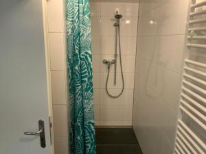 a bathroom with a shower with a green shower curtain at ruhiges privates Zimmer in Freiburg, zentrumsnah, Nähe Europapark in Freiburg im Breisgau +3 photos