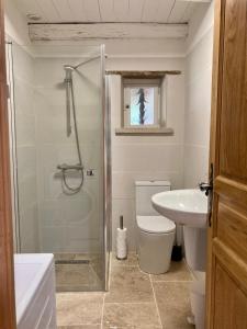 a bathroom with a shower and a toilet and a sink at gîte de charme avec piscine in Montpezat-de-Quercy