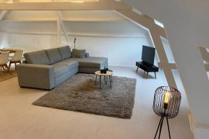 a living room with a couch and a tv at Moderne loft in historisch pand in Ghent