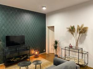 een woonkamer met een bank en een flatscreen-tv bij Cozy apt w/ king bed great for discovering Liege in Luik